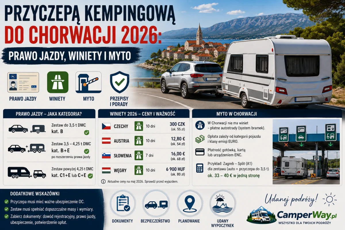 Przyczepą kempingową do Chorwacji 2026: prawo jazdy, winiety i myto